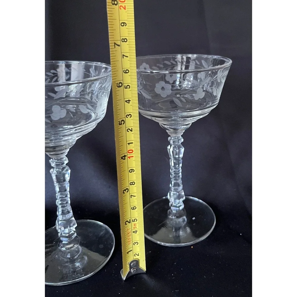 Libbey Rock Sharpe Halifax Etched Crystal Champagne Coupe Sherbet Glasses Set 2